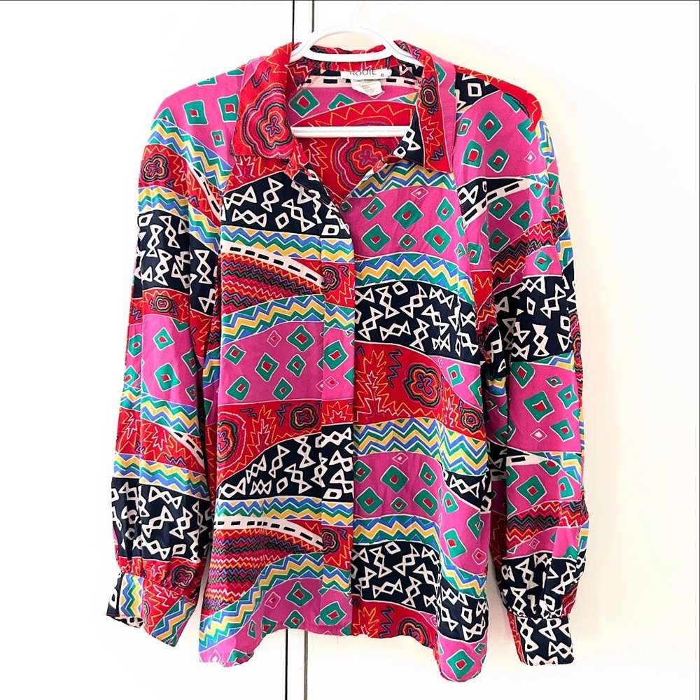 Silk vintage geometric long sleeve button up blouse